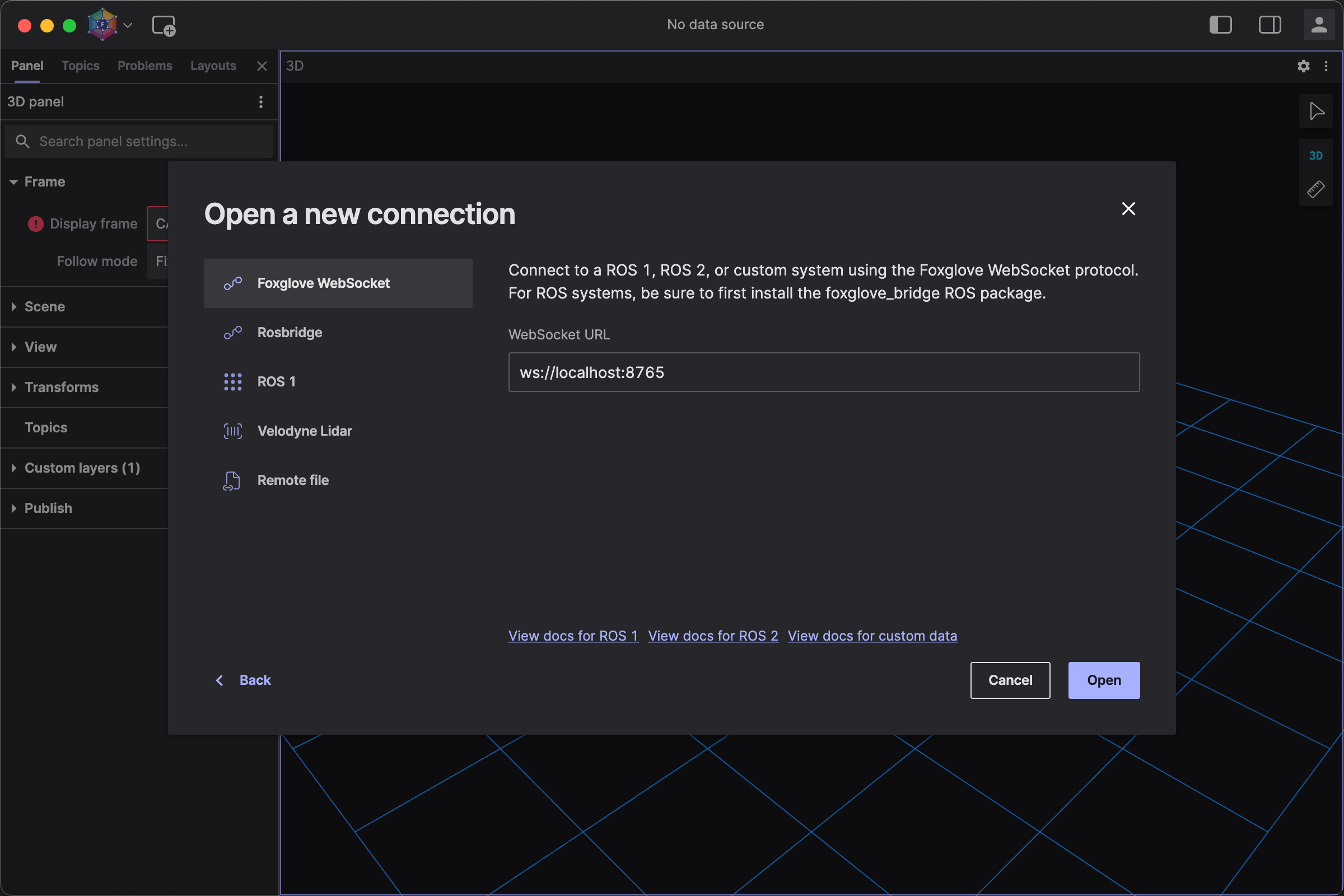 Foxglove WebSocket dialog